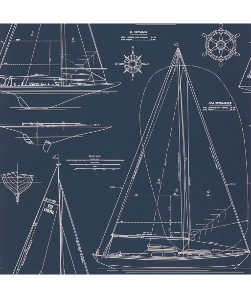 Papier Peint RL Boat Blueprint White On Dark Blue du meilleur 